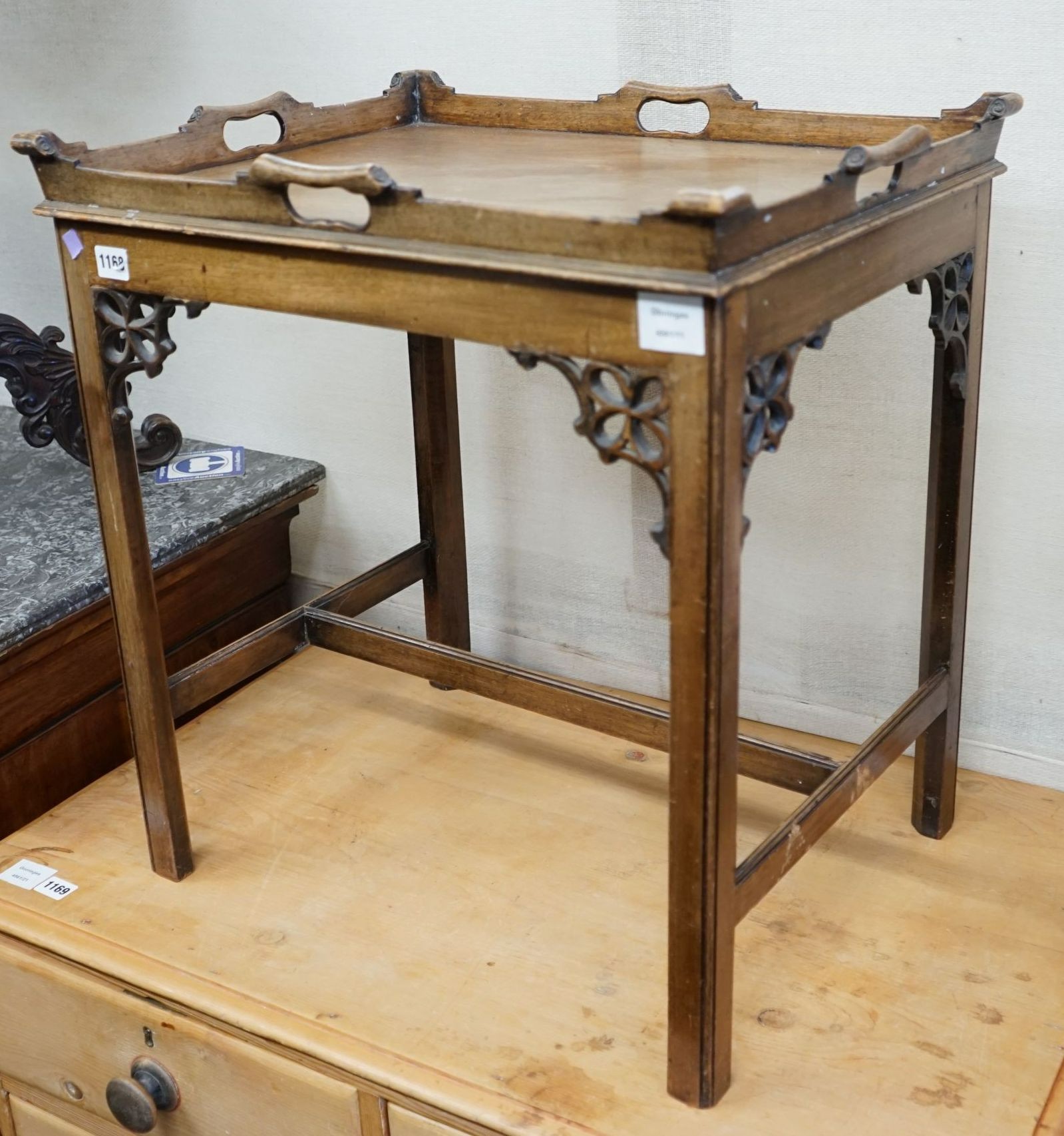 A George III style mahogany tray top occasional table, width 56cm, depth 45cm, height 61cm